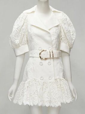 Acler White Eyelet Lace Puff-Sleeve Belted Mini Dress